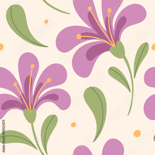 Tropical purple flowers seamless pattern