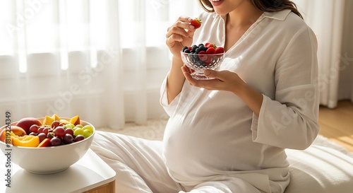 Healthy Pregnant Woman Eating Fresh Berries for Good Nutrition