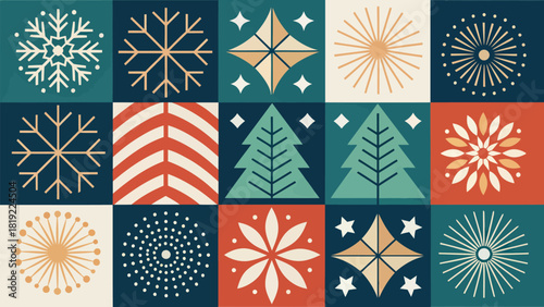 Festive holiday designs bring joy with geometric trees, snowflakes, and stars for winter celebrations