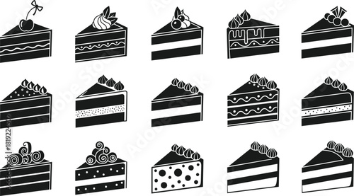 Cake slice illustration, dessert variety, monochrome design, whipped topping, cherry garnish, graphic food art, sweet treat icons, bakery concept