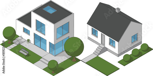 Isometric illustration of modern house and traditional home with garden, sidewalk, trees, residential architecture, suburban neighborhood scene, real estate concept