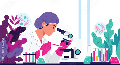 Dedicated Scientist Working in a Modern Laboratory Performing Detailed Analysis with a Microscope and Various Samples for Cutting Edge Research and Discovery