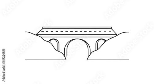 Simple line art illustration of a three-arched stone bridge with a road on top, spanning between two hills in a minimalist icon style