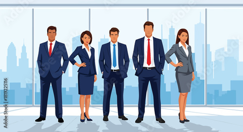 Diverse Business Team Standing Tall in Modern Office with Cityscape View Representing Leadership and Corporate Success Ambition Professionalism and Confidence