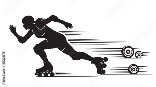 Dynamic roller derby skater silhouette speeding forward with powerful momentum, competitive spirit, bold action, exciting sport, fitness challenge, extreme speed, intense training