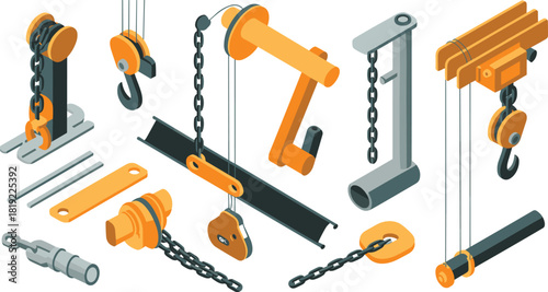 Isometric industrial lifting equipment set with hooks, chains, hoist components, mechanical parts, crane accessories, heavy-duty machinery tools for construction