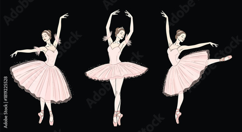 Elegant Ballerinas in Pink Tutus Performing Classic Ballet Poses Against a Black Background showcasing grace and artistic movement embodying the beauty of dance