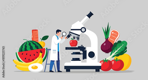 Food Science and Research Examining Nutrition and Healthy Eating Through a Microscope with Fruit and Vegetables Surrounded by a Scientist in a Lab Coat