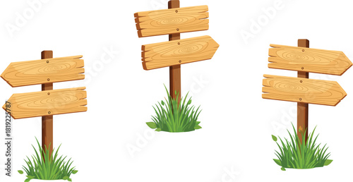 Wooden direction signpost illustration with arrows and grass, blank rustic road signage design, outdoor navigation concept graphic artwork