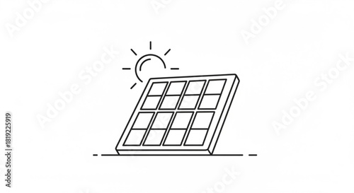 Solar panel with sun line art icon illustration symbolizing clean renewable energy, sustainable power generation, and eco-friendly technology solutions