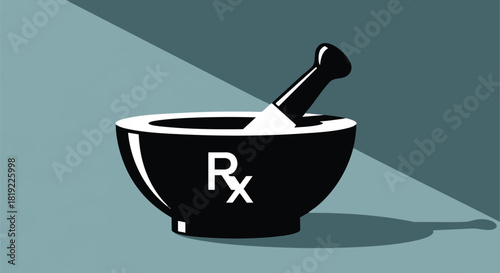 Illustration of Mortar and Pestle with Prescription Symbol for Pharmacy and Healthcare Related Concepts Promoting Medication and Compounding