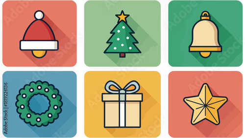 Celebrate holidays with festive icons, including gifts, tree, star, wreath, Santa hat, and bell