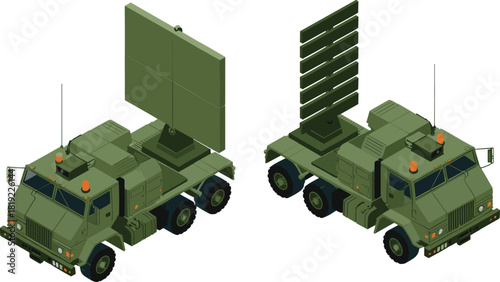 Isometric military radar trucks with rotating antenna systems, armored vehicle design, mobile surveillance units, defense technology illustration, tactical communication equipment
