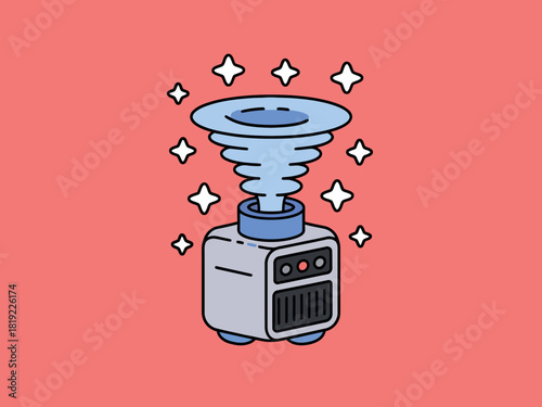 A stylized illustration of a water cooler emitting a swirling vortex with sparkling stars on a solid pink background.