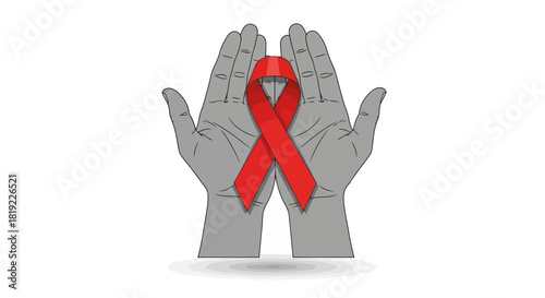Hands holding a red ribbon symbol for aids awareness isolated on