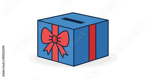 Blue gift box with red ribbon and slot, isolated on