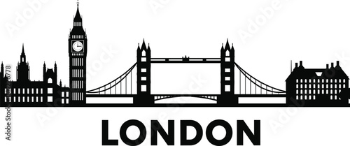 London skyline silhouette, iconic landmarks, Big Ben, Tower Bridge, UK architecture, tourism, travel, cityscape, black illustration, cultural heritage, famous view