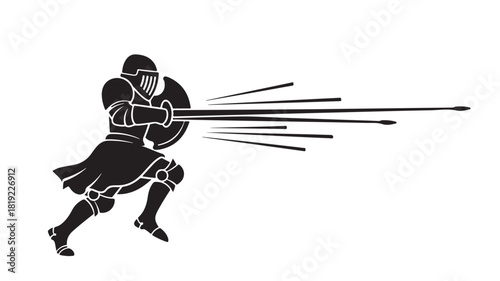 Dynamic silhouette of brave knight launching spears with precision and strength, perfect for gaming, historical, or fantasy content, conveying courage and determination