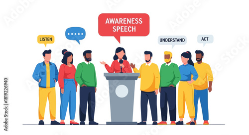 Woman giving awareness speech to diverse group of people