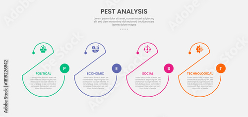 PEST analysis infographic outline style with creative half circle shape slice cut 4 point template with for slide presentation