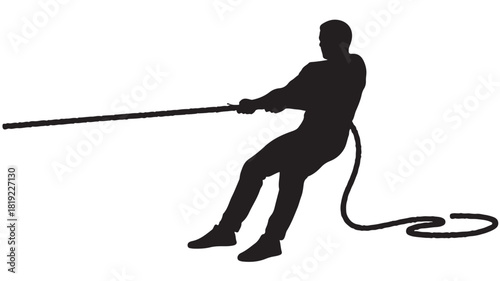 Dynamic silhouette of determined athlete pulling rope in intense tug of war competition, embodying strength, resilience, and teamwork, perfect for sports, fitness, and motivational themes