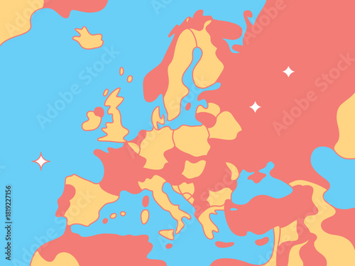 A stylized map of Europe shows time zones with distinct color-coded regions and scattered celestial stars.