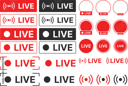 Live icon Set. Streaming Video and Real Time Broadcast Symbols. Red Record Dot and Digital Signal Icons collection. Live Event Notification sign