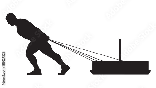 Dynamic silhouette of strong man pulling heavy sled, conveying strength and determination for fitness advertising, gym promotions, and powerful motivational content