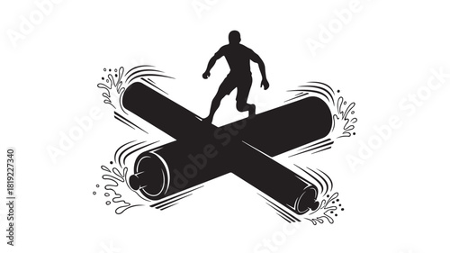 Dynamic silhouette of surfer riding powerful wave barrels, embodying adventure and excitement, perfect for action sports branding or tropical getaway promotions, a thrilling ride