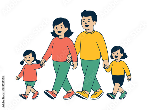 A smiling cartoon family of four, composed of two parents and two children, walking together holding hands.