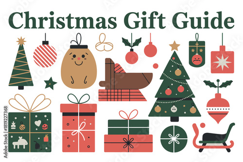 A collection of Christmas gift ideas and festive decorations are displayed on a white background.