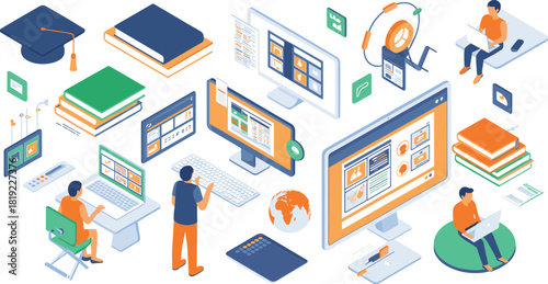 Isometric online education illustration with students learning on laptops, digital classroom tools, e-learning platforms, virtual study environment, modern education technology