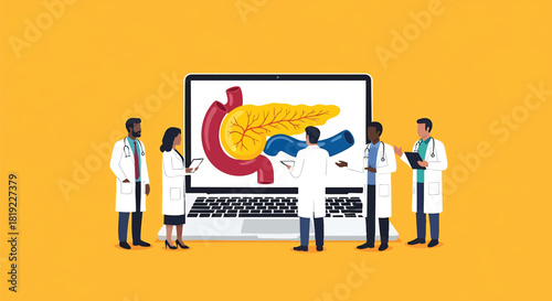 Medical Professionals Analyzing Pancreas Illustration on Laptop for Collaborative Patient Care and Research Advancements in a Modern Healthcare Setting Promoting Teamwork
