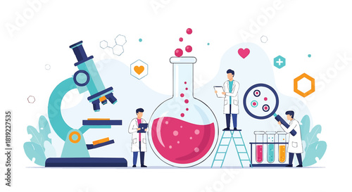 Medical research and innovation with scientists working in a lab to find a vaccine against diseases using microscopes and lab equipment for scientific discoveries and healthcare solutions