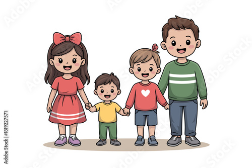 A cartoon illustration of a happy family of four, consisting of two parents and two children, holding hands and smiling.