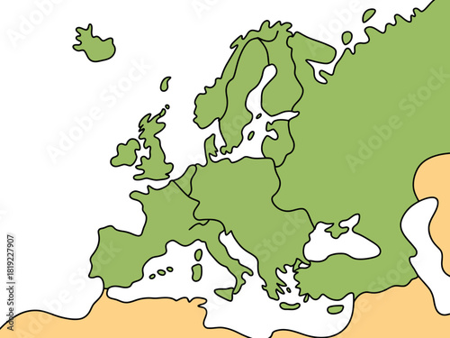 A simplified illustration shows the continent of Europe with its countries outlined in green against a neutral background.