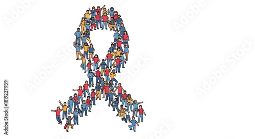 Crowd of people forming a large awareness ribbon shape isolated on