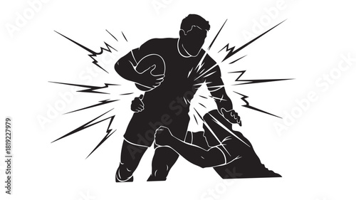 Intense rugby match action showing dynamic tackle and forceful impact, perfect for sports branding and athletic promotions, conveying strength and competitive spirit