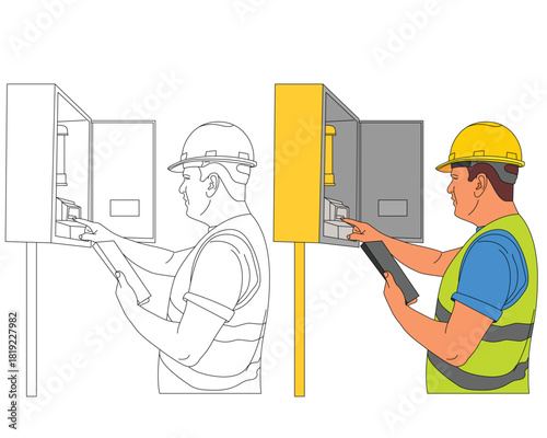 Electrician Checking Electrical Board at Work, Hand drawn line style vector illustrations