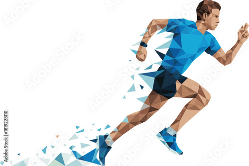 Polygon running athlete illustration, low poly runner design, sporty fitness man sprinting, dynamic motion graphic, athletic training vector art