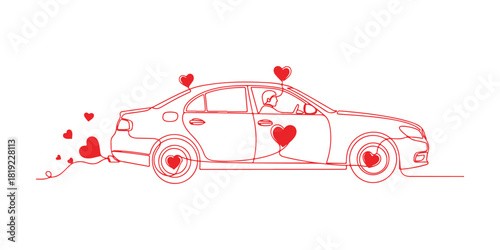 A continuous line drawing of a wedding car. It's a wedding car adorned with red hearts. This is a vector illustration perfect for weddings or Valentine's Day.
