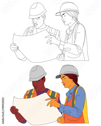 Man and Woman Workers Checking Blueprint at Workplace, Hand drawn line style vector illustrations