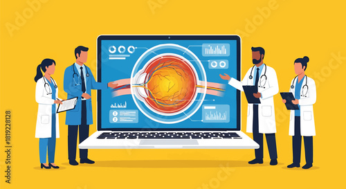 Ophthalmology Consultation with Medical Professionals Analyzing Eye Anatomy and Data on Laptop Display for Advanced Treatment and Patient Care Insights