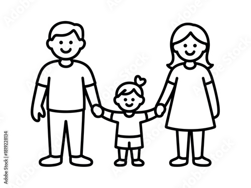 A stylized line drawing depicts a happy family of three, with parents holding hands with their child.