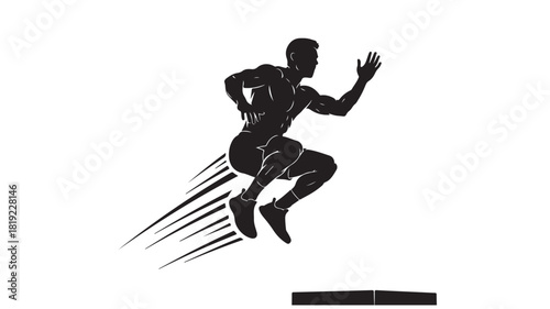 Dynamic silhouette of a powerful athlete leaping forward with explosive speed and energy, perfect for fitness, sports, and motivational designs that inspire peak performance