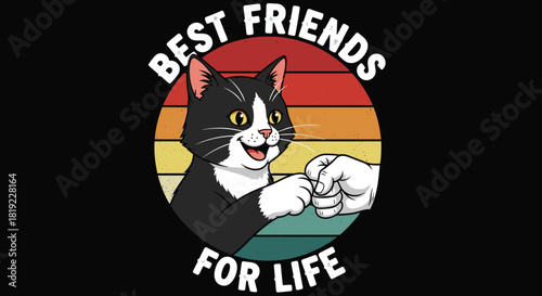 Cat and human fist bump, retro friendship design, pet love, best friends forever, colorful bond, playful gesture, vintage art