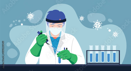 Scientist in laboratory researching virus with pipette and test tubes wearing protective gear to prevent infection and developing new treatments and medicines for global health