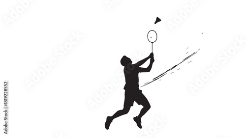 Dynamic badminton player striking shuttlecock with powerful swing in intense match, silhouette of athlete in motion showcasing energy and athleticism, perfect for sports and fitness campaigns