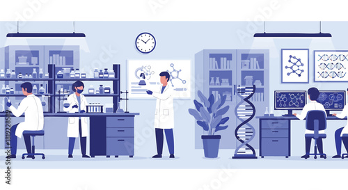 Scientist team working in a modern laboratory with advanced technology research and development for health and science innovation in the pharmaceutical industry with scientific glassware