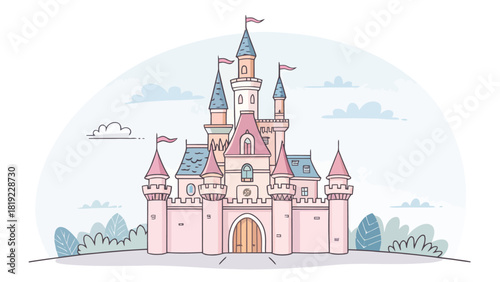 Enchanting pink fairytale castle with turrets and flags, perfect for children's books, dreamy invitations, and magical branding for events and fantasy games